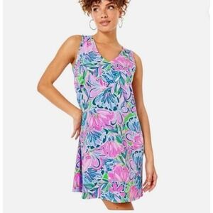 Lilly Pulitzer Aaron Swing Dress Gecko Tiger Sunrise Sleeveless Ruffle V-neck L